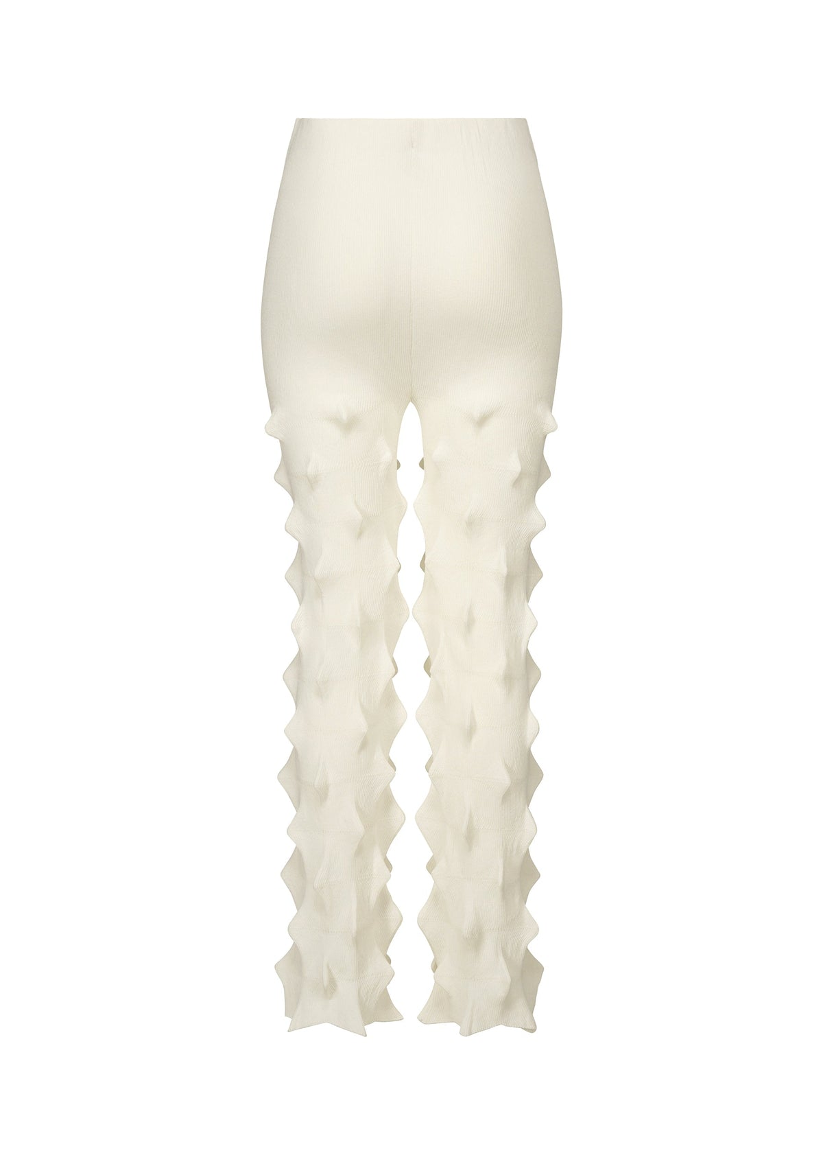 HaaT's ZIG ZAG KNIT pants are high-waisted, white knitwear with a textured geometric pattern and diamond-shaped details from knee to ankle. view 3 of 7