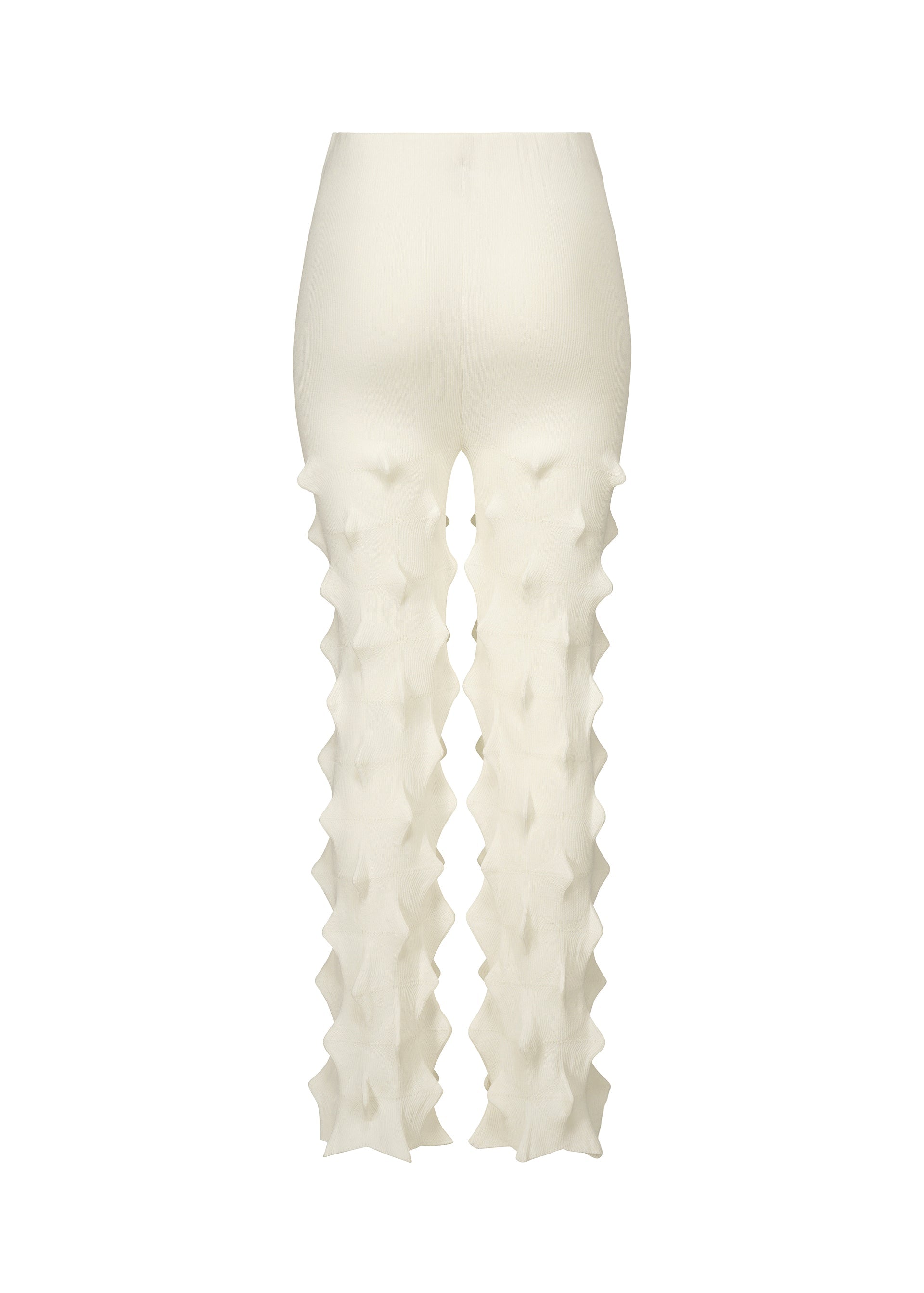 Zoomed view HaaT's ZIG ZAG KNIT pants are high-waisted, white knitwear with a textured geometric pattern and diamond-shaped details from knee to ankle.