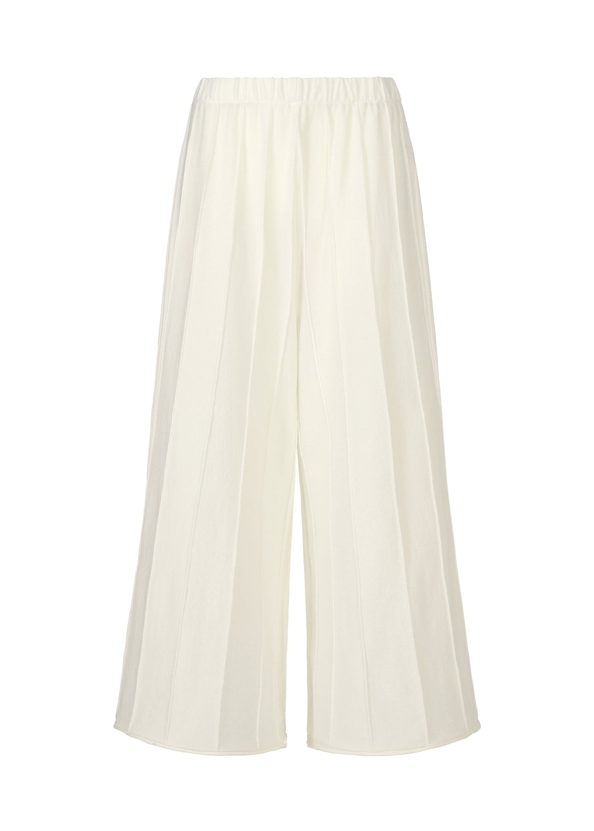 The HaaT RADIAL LINE KNIT pants feature a wide-leg, high-waisted design in off-white recycled polyester with an elastic waistband and subtle vertical seams, shown against a plain white background. view 1 of 7