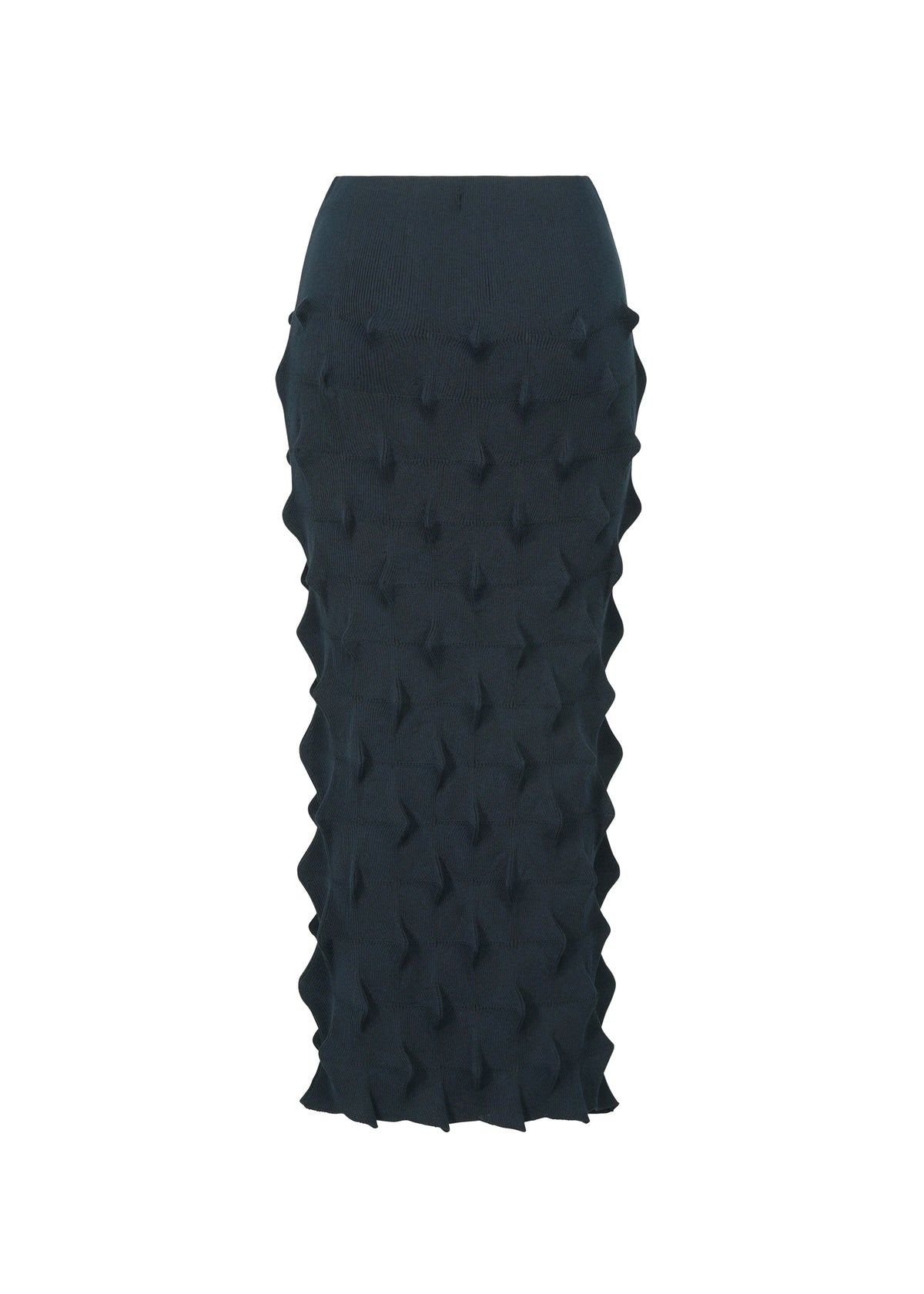 The ZIG ZAG KNIT skirt by HaaT is a long, high-waisted black skirt with textured 3D geometric patterns, made from organic cotton and recycled polyester. view 3 of 7