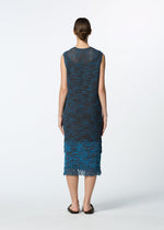 A person with hair tied back, wearing the HaaT MELANGE MESH sleeveless, knee-length blue knit dress and black sandals, stands facing away against a plain white background.
