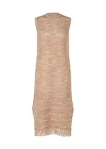 The MELANGE MESH dress by HaaT is a sleeveless, knee-length beige knit crafted from organic cotton. It offers a loose fit, round neckline, and features an open-knit mesh lace pattern near the hem for unique detail. - PINKxGREIGE （no.29）