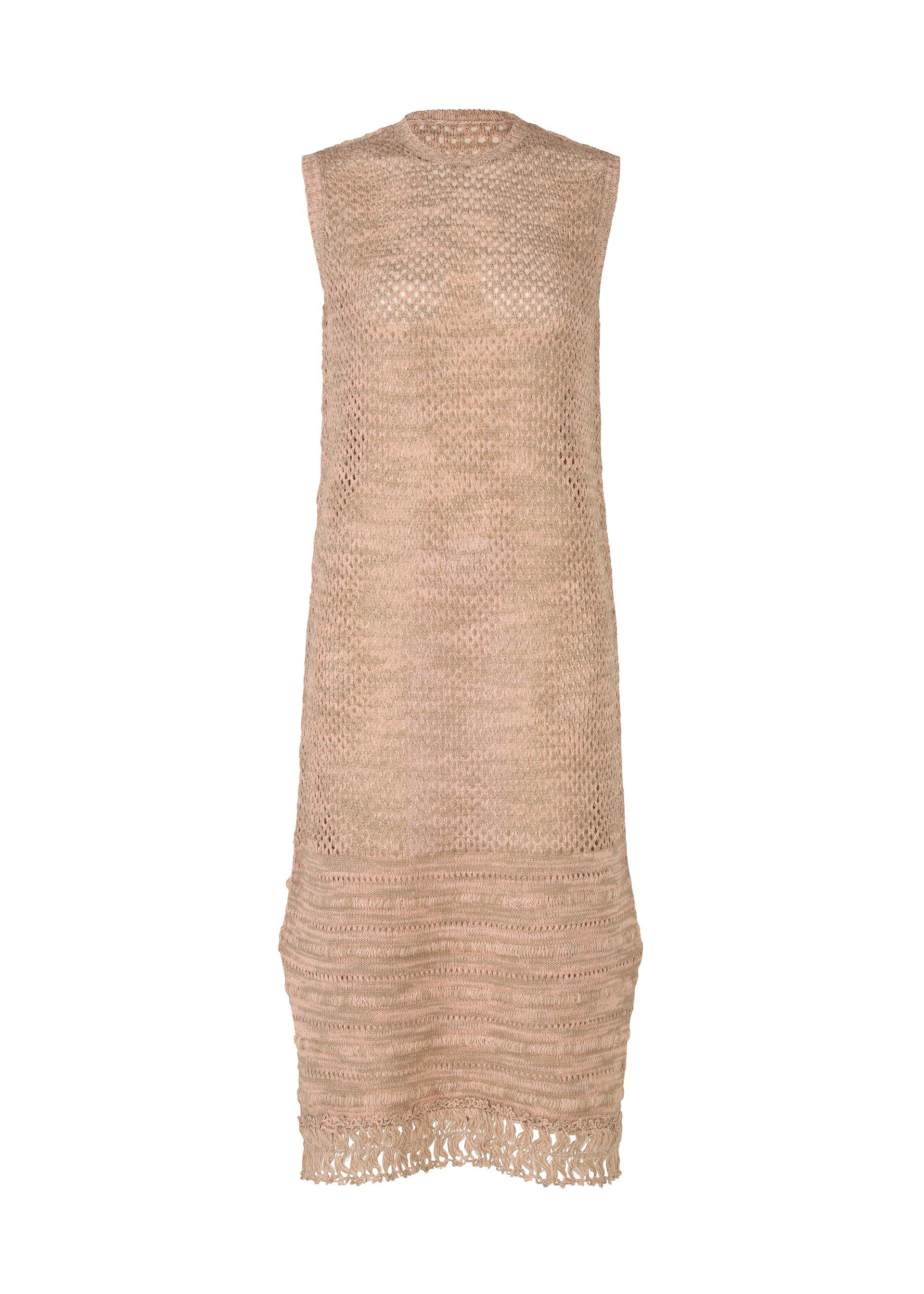 Zoomed view The MELANGE MESH dress by HaaT is a sleeveless, knee-length beige knit crafted from organic cotton. It offers a loose fit, round neckline, and features an open-knit mesh lace pattern near the hem for unique detail. - PINKxGREIGE （no.29）