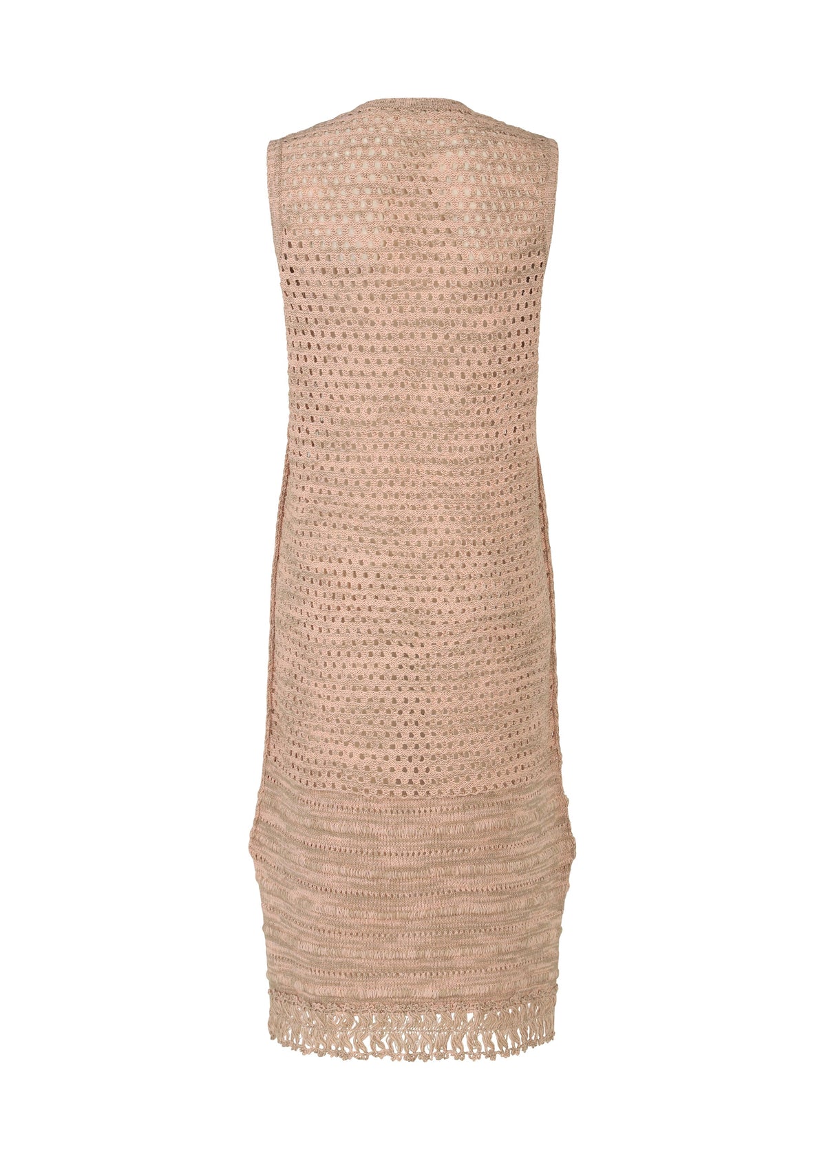 The MELANGE MESH dress by HaaT is a beige sleeveless knit in organic cotton, shown from the back with an open-knit top, tighter crochet at the hips, and a fringed hem. view 2 of 6