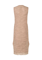 The MELANGE MESH dress by HaaT is a beige sleeveless knit in organic cotton, shown from the back with an open-knit top, tighter crochet at the hips, and a fringed hem.