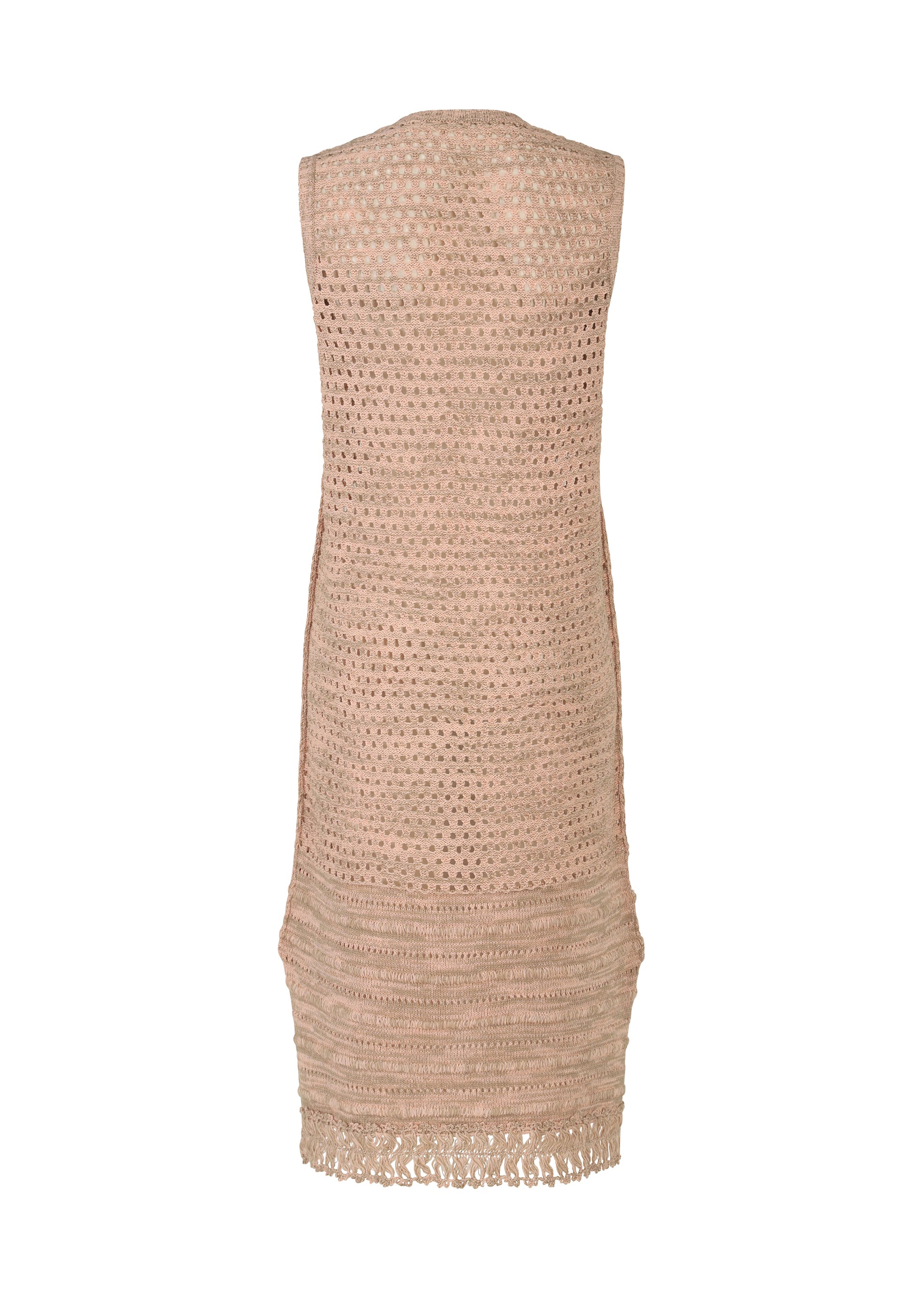 Zoomed view The MELANGE MESH dress by HaaT is a beige sleeveless knit in organic cotton, shown from the back with an open-knit top, tighter crochet at the hips, and a fringed hem.
