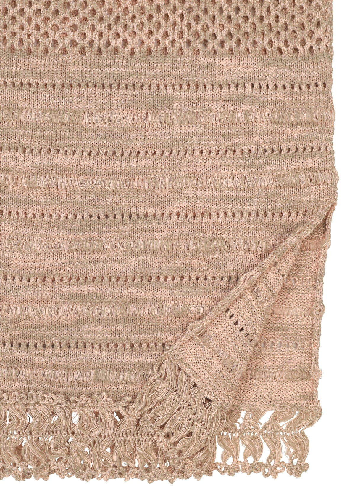 A close-up of HaaT's MELANGE MESH shows its beige organic cotton weave with varied textures and fringe along the edge. A folded corner reveals the reverse side and extra fringe details. view 3 of 6