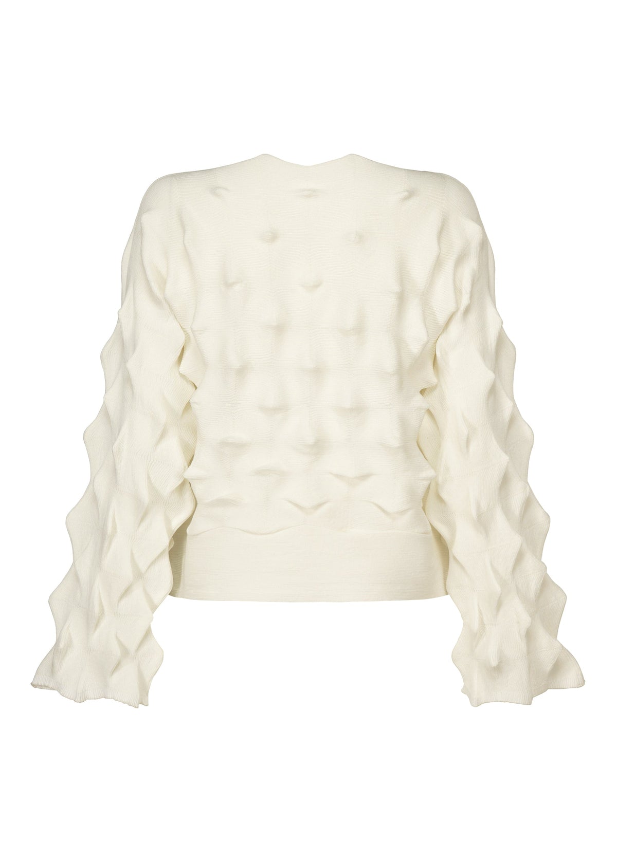 The HaaT ZIG ZAG KNIT is a cream-colored, long-sleeve organic cotton top with a textured, three-dimensional geometric pattern and raised diamond-shaped details on the back and sleeves. view 3 of 7