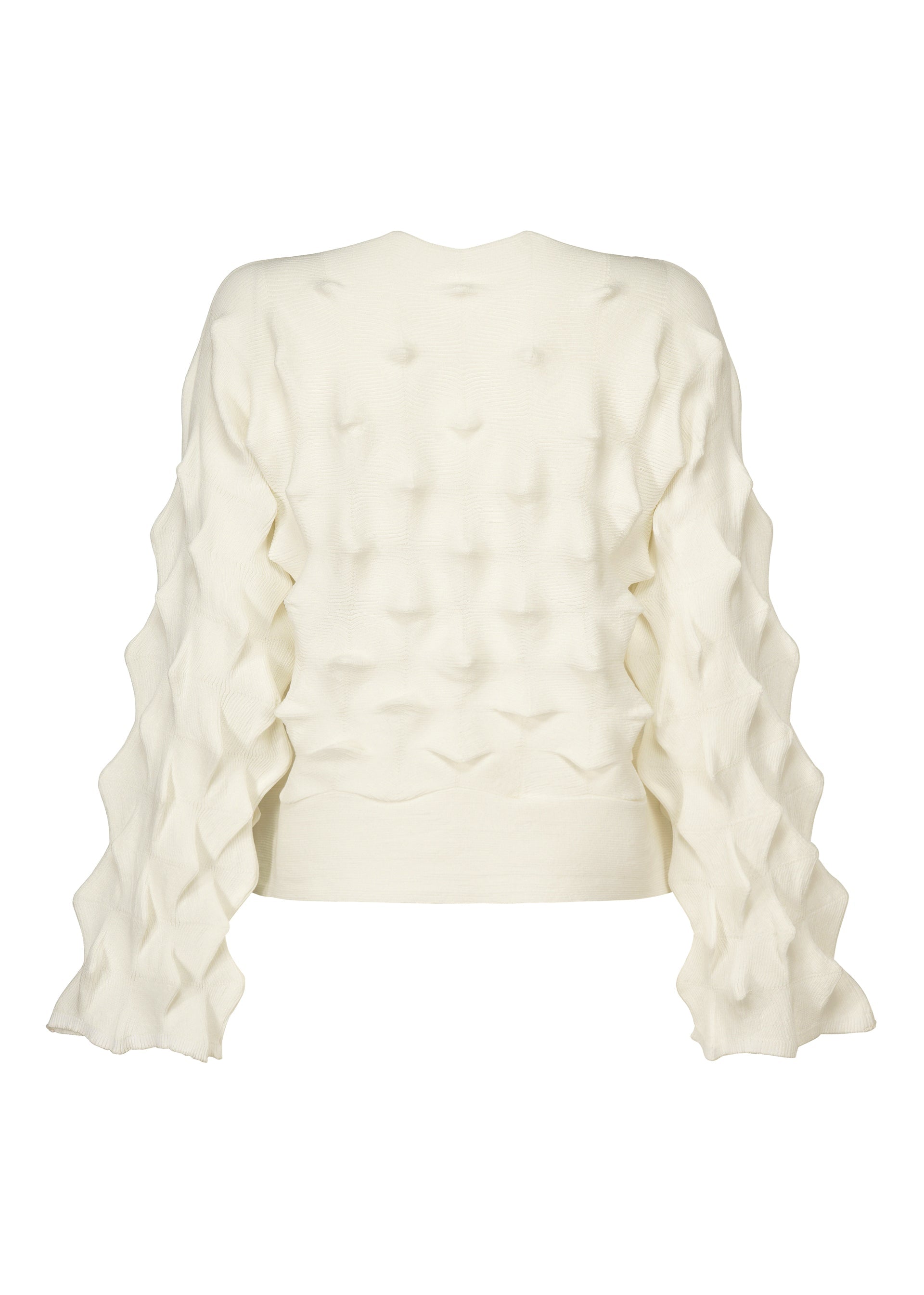 Zoomed view The HaaT ZIG ZAG KNIT is a cream-colored, long-sleeve organic cotton top with a textured, three-dimensional geometric pattern and raised diamond-shaped details on the back and sleeves.