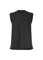 The RADIAL LINE KNIT by HaaT is a sleeveless black top with a crew neck and vertical seams, made from recycled polyester. Displayed on a plain white background. - BLACK （no.15）