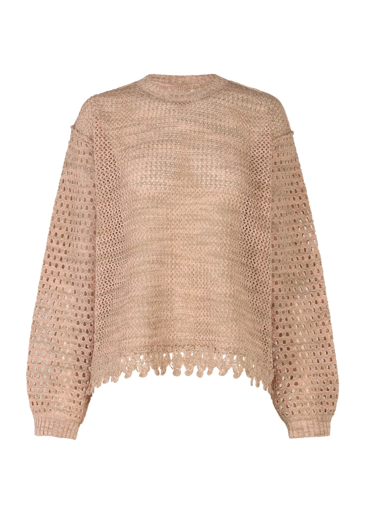 The MELANGE MESH by HaaT is a beige, organic cotton knit top with a loose fit, mesh lace open-weave sleeves, solid front and back, and a scalloped hemline. view 1 of 7