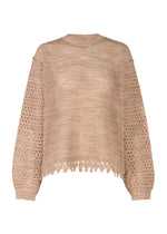 The MELANGE MESH by HaaT is a beige, organic cotton knit top with a loose fit, mesh lace open-weave sleeves, solid front and back, and a scalloped hemline. - PINKxGREIGE （no.29）