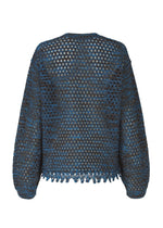 The MELANGE MESH by HaaT is a blue, long-sleeved crochet knit top with an open mesh lace pattern and scalloped hem, shown from the back.