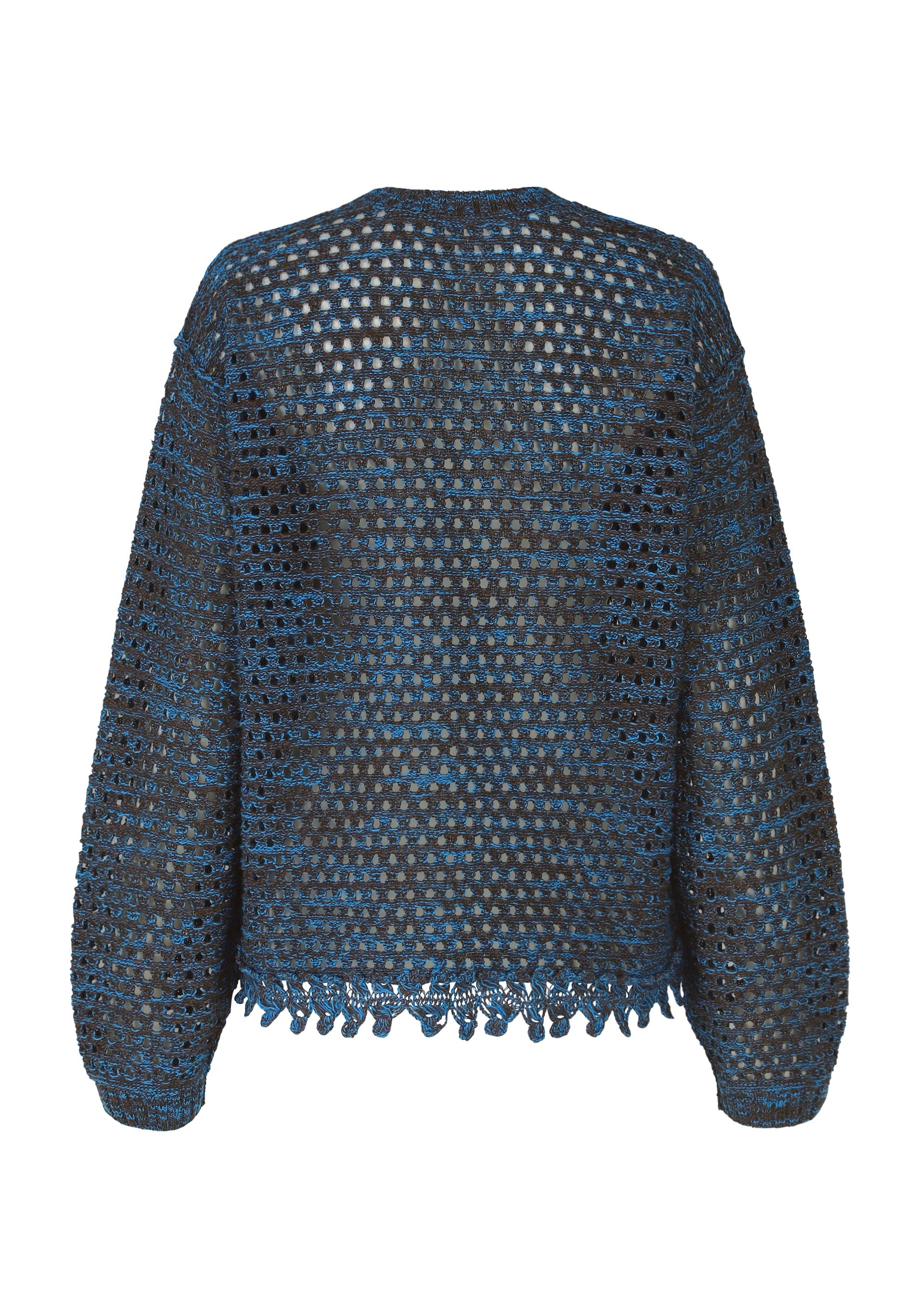 Zoomed view The MELANGE MESH by HaaT is a blue, long-sleeved crochet knit top with an open mesh lace pattern and scalloped hem, shown from the back.