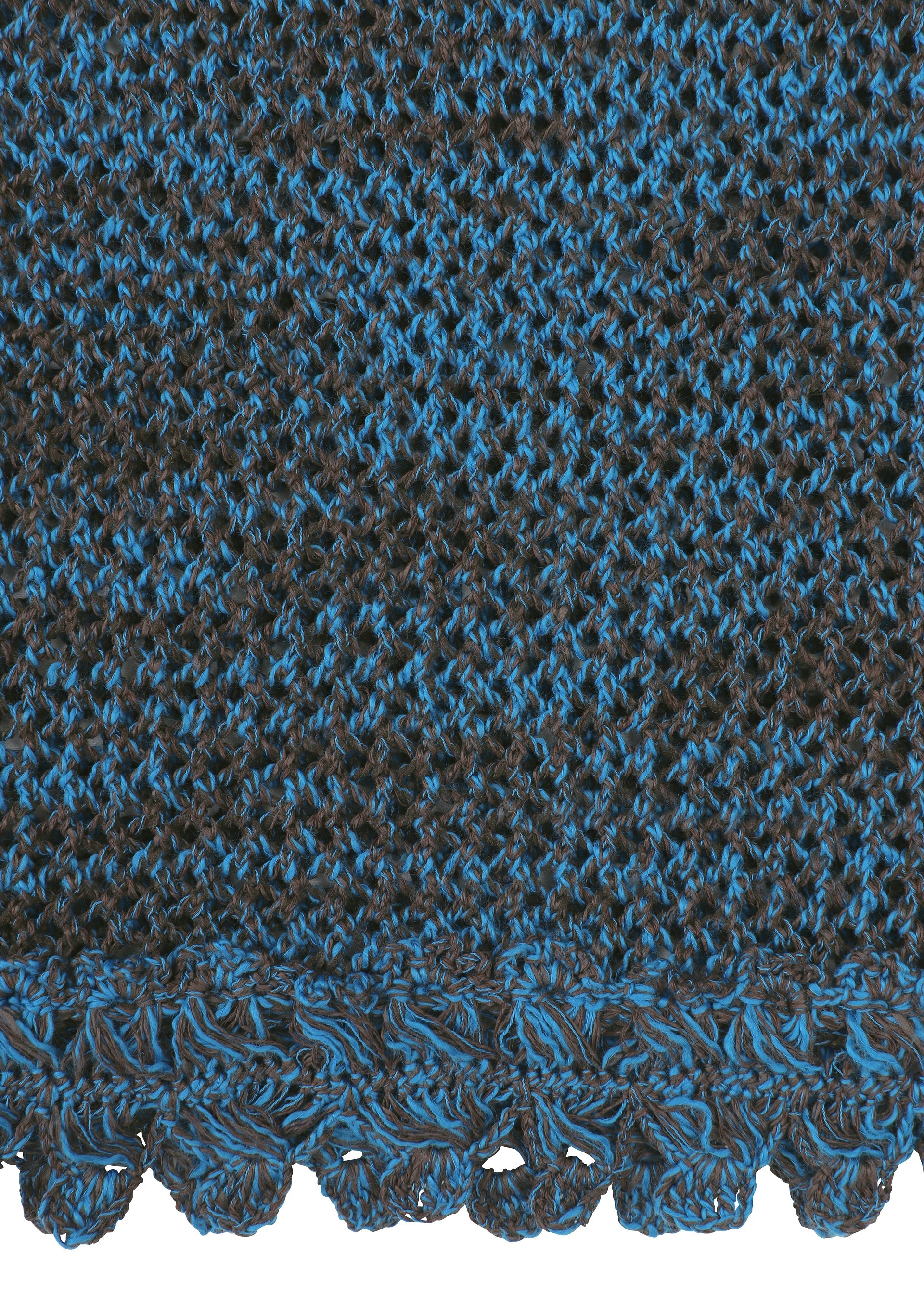 Zoomed view Close-up of the MELANGE MESH knit top by HaaT in black and blue organic cotton, featuring a textured pattern, mesh lace details, and a scalloped lace hem.