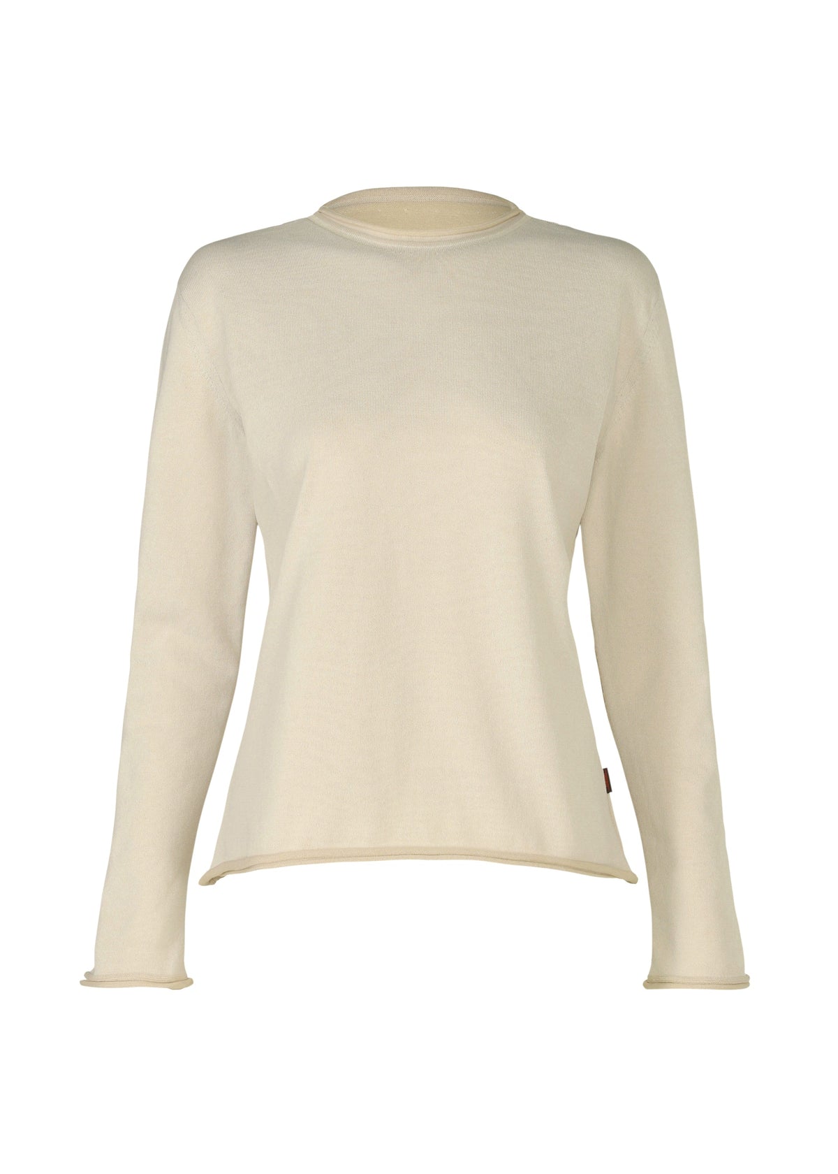 The PLATED LINES sweater by HaaT is a cream-colored, lightweight knit top with long sleeves, a round neckline, and a slightly flared hem. Made from organic cotton, it’s shown against a white background. view 1 of 8