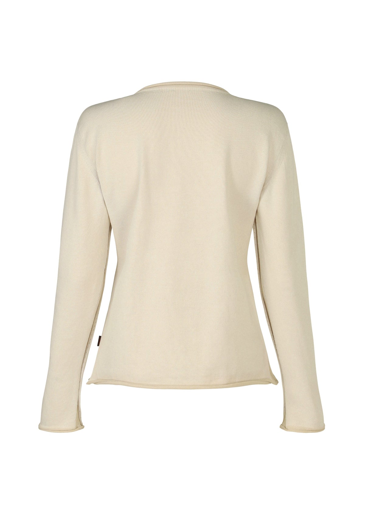 A back view of the HaaT PLATED LINES top—a long-sleeved, cream lightweight knit crafted from organic cotton, featuring a simple, fitted silhouette with minimal detailing. view 3 of 8