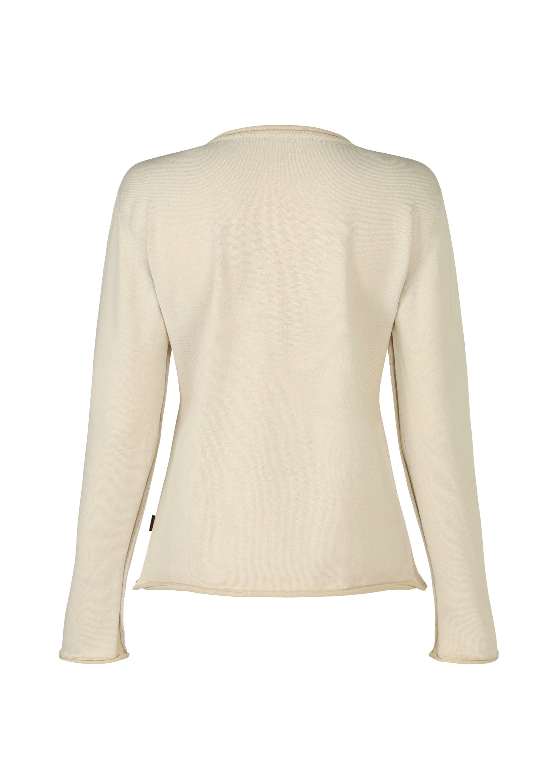 Zoomed view A back view of the HaaT PLATED LINES top—a long-sleeved, cream lightweight knit crafted from organic cotton, featuring a simple, fitted silhouette with minimal detailing.
