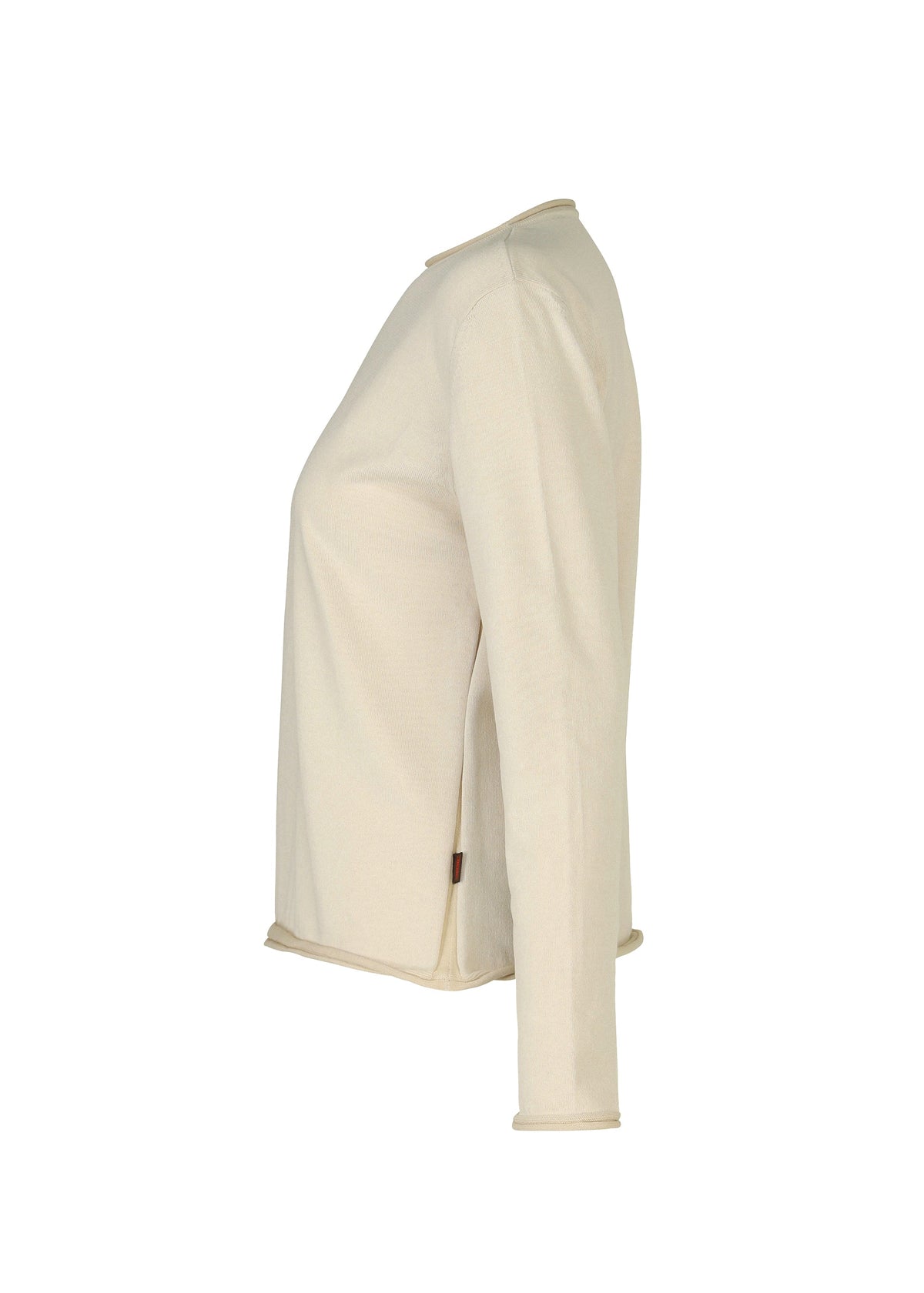 Side view of the HaaT PLATED LINES long-sleeve top in cream, made from lightweight organic cotton knit. Featuring a simple design with a crew neckline and no patterns, shown against a plain white background. view 4 of 8