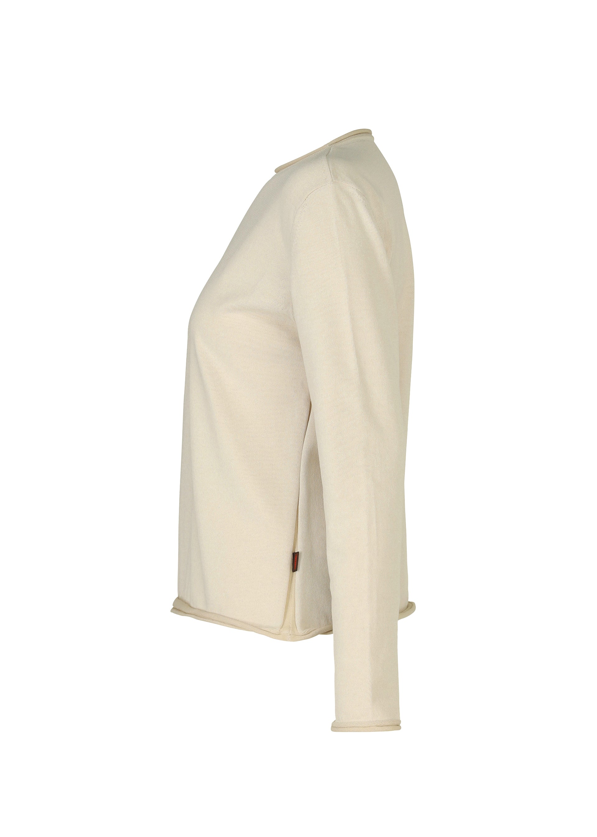 Zoomed view Side view of the HaaT PLATED LINES long-sleeve top in cream, made from lightweight organic cotton knit. Featuring a simple design with a crew neckline and no patterns, shown against a plain white background.