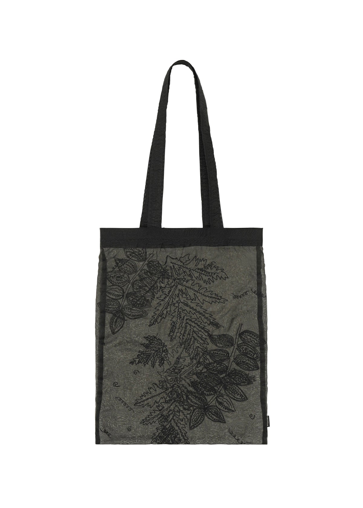 The HaaT GLASSLEAF TOTE JANUARY features a gray rectangular shape, black handles, and a bold black leaf motif, creating a minimalist and stylish tote bag perfect for everyday use. view 2 of 8