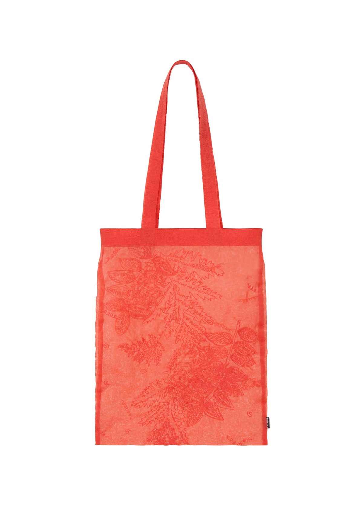 The HaaT GLASSLEAF TOTE JANUARY is a vibrant red bag with two handles, showcasing subtle Bhill embroidery in floral and leaf motifs on the front, set against a plain white background. view 3 of 8