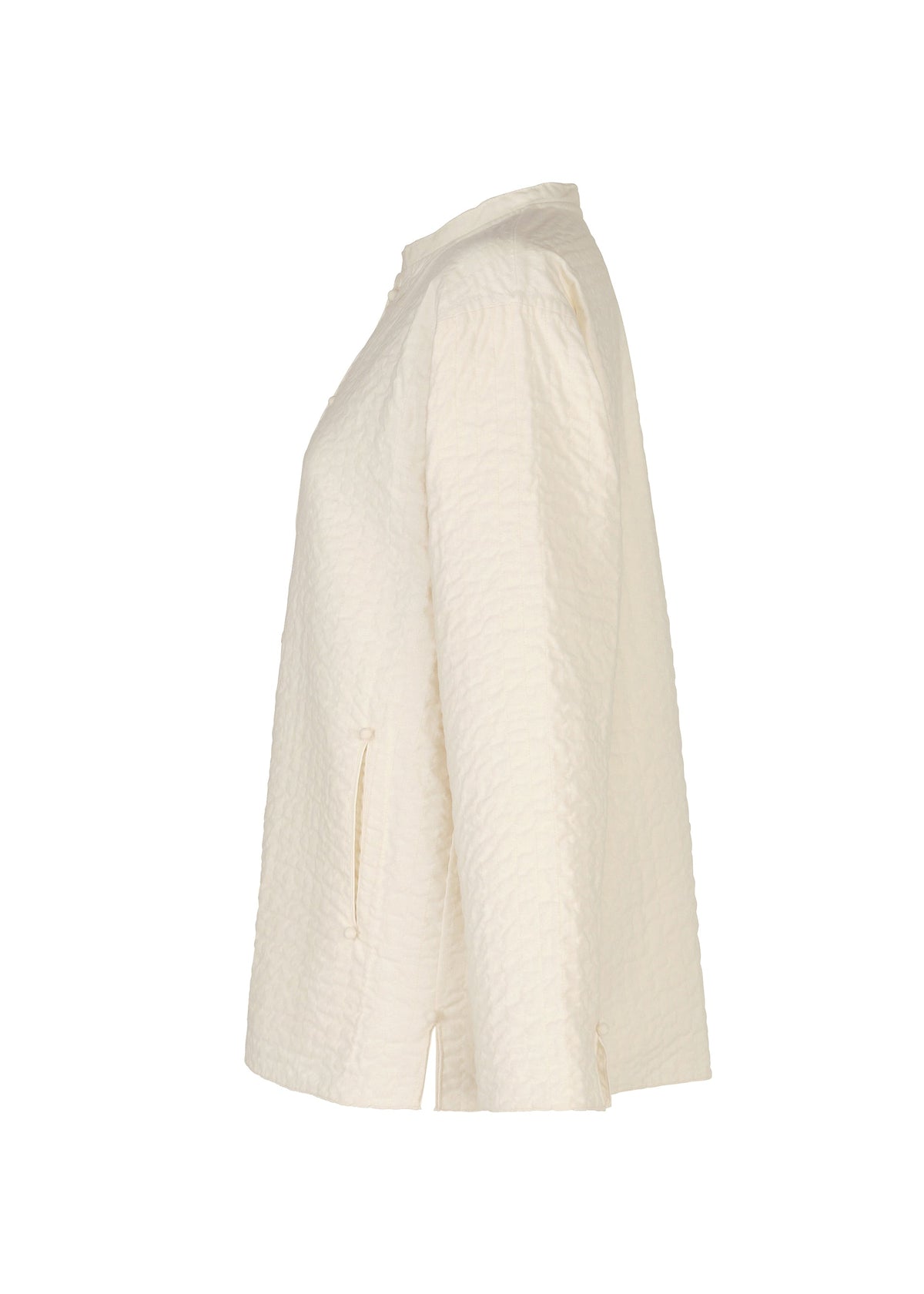 Side view of HaaT’s DUAL LAYER jacket—cream-colored, handwoven cotton with a textured finish, long sleeves, small collar, and two zippered pockets. Crafted by Indian artisans; shown against a white background. view 4 of 8