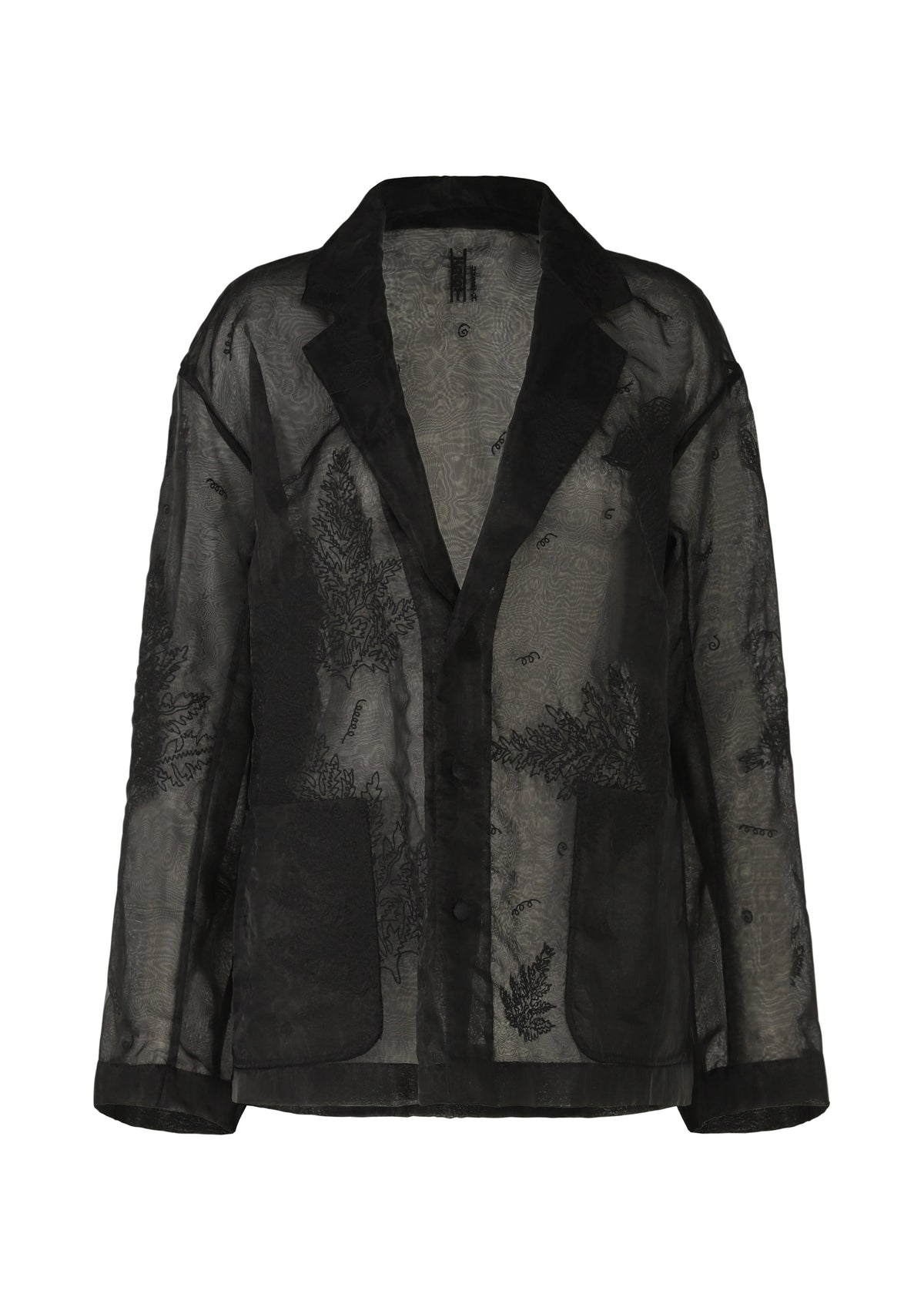 The HaaT GLASSLEAF is a sheer black blazer featuring a subtle leaf motif and notched lapels. Made from lightweight sheer nylon, its translucent design highlights both intricate details and the underlying structure. view 2 of 8