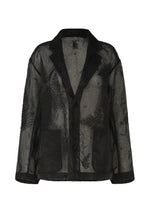 The HaaT GLASSLEAF is a sheer black blazer featuring a subtle leaf motif and notched lapels. Made from lightweight sheer nylon, its translucent design highlights both intricate details and the underlying structure. - BLACK （no.15）