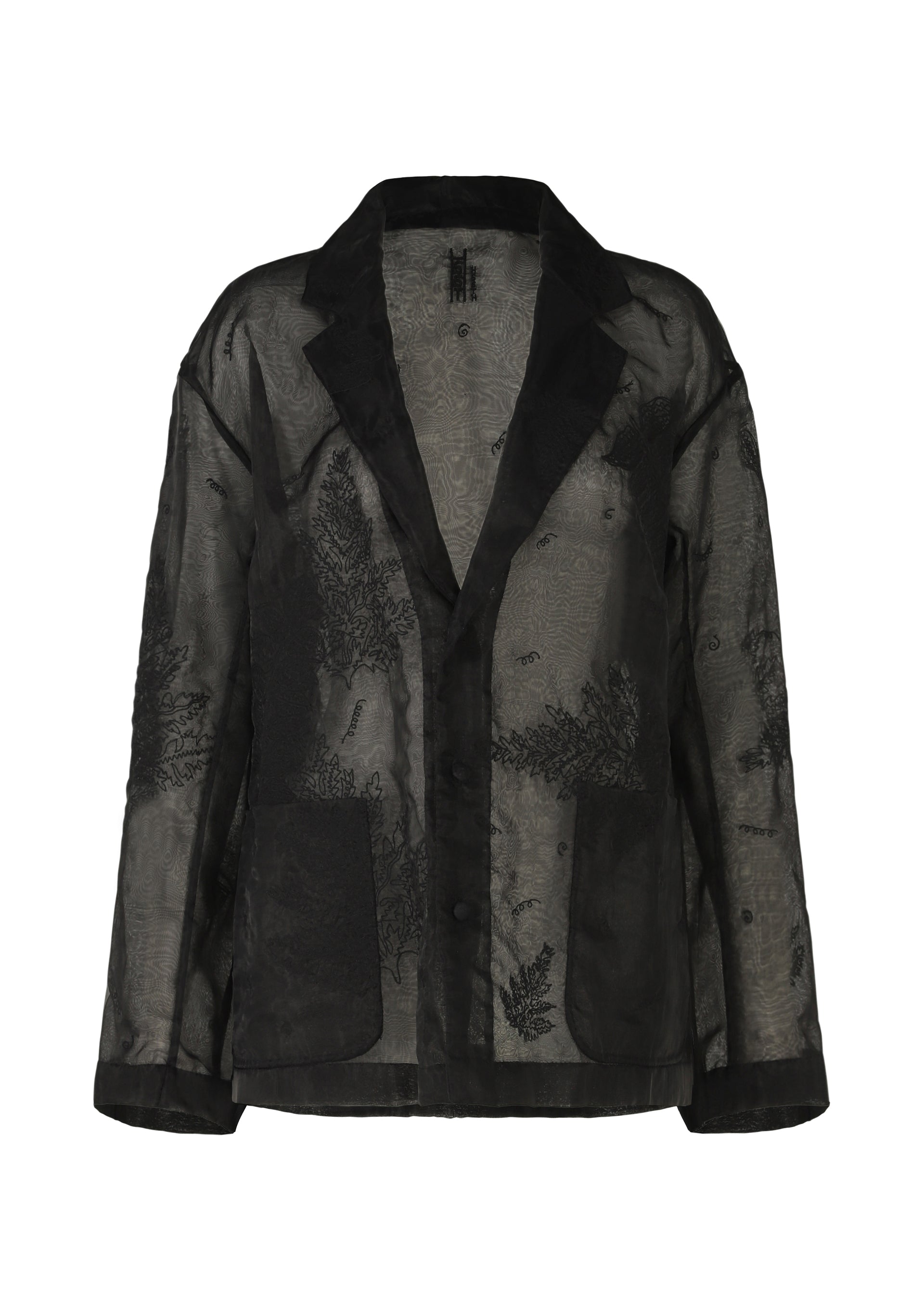 Zoomed view The HaaT GLASSLEAF is a sheer black blazer featuring a subtle leaf motif and notched lapels. Made from lightweight sheer nylon, its translucent design highlights both intricate details and the underlying structure. - BLACK （no.15）