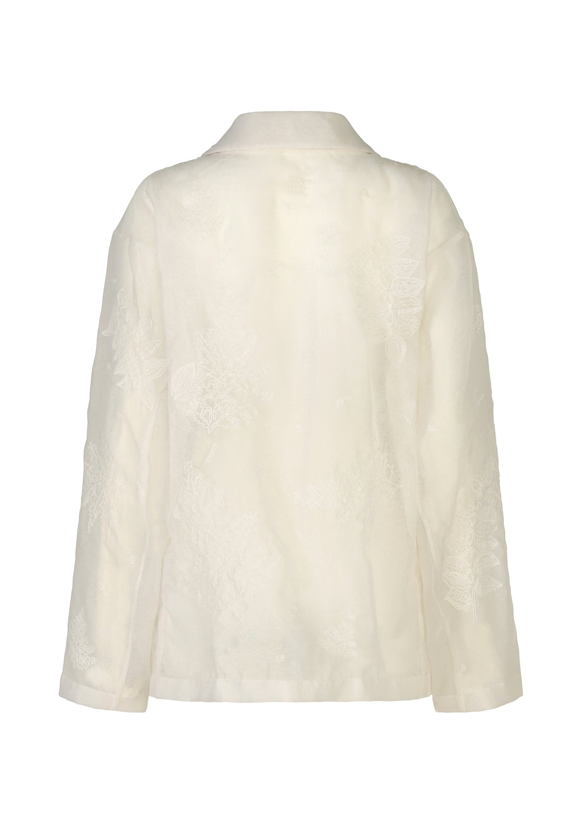 Back view of the GLASSLEAF jacket by HaaT—a long-sleeved, off-white piece with a subtle floral pattern, delicate Bhill embroidery, collar detail, and displayed against a plain white background. view 3 of 8