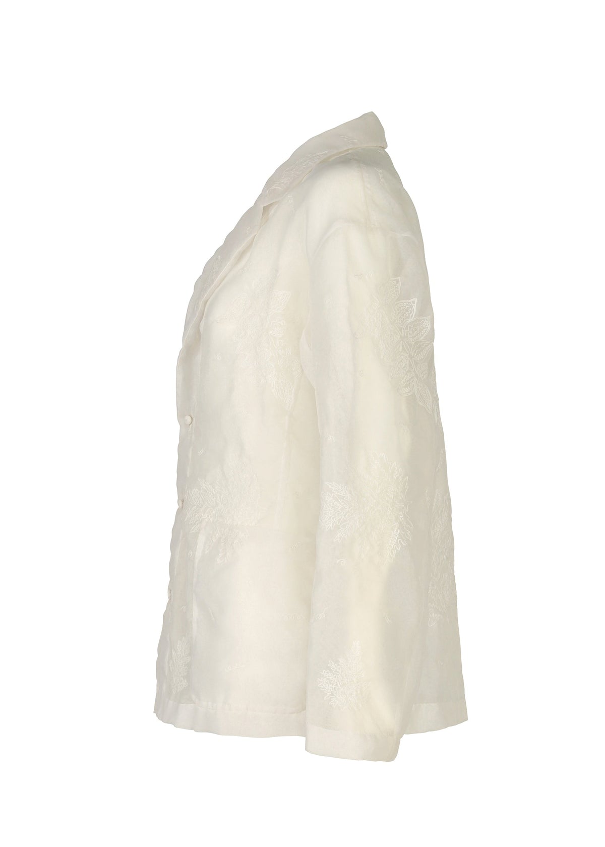 Side view of HaaT's GLASSLEAF white long-sleeve button-up blazer, featuring a collar and subtle leaf motif Bhill embroidery, shown on a plain white background. view 4 of 8