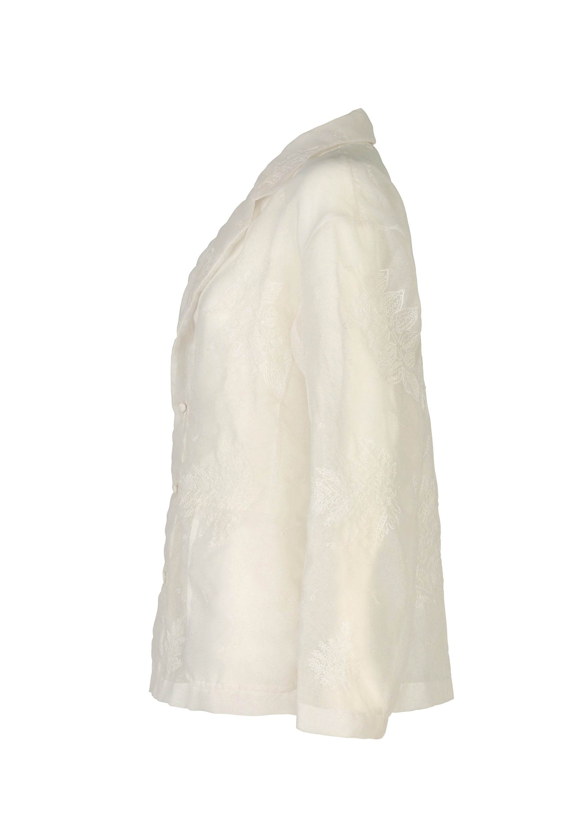 Zoomed view Side view of HaaT's GLASSLEAF white long-sleeve button-up blazer, featuring a collar and subtle leaf motif Bhill embroidery, shown on a plain white background.