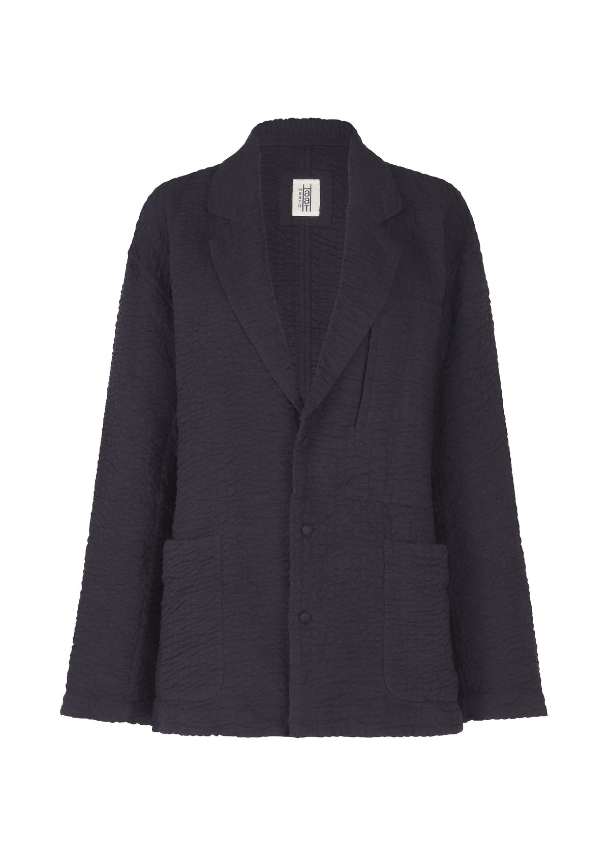 The HaaT 3 MUL MACHINE KABIRA '26SS is a black, textured unisex jacket with a relaxed fit, notched lapels, two front patch pockets, and a single-breasted button closure—classic style meets modern versatility. Shown on a white background. view 8 of 8