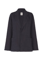 The HaaT 3 MUL MACHINE KABIRA '26SS is a black, textured unisex jacket with a relaxed fit, notched lapels, two front patch pockets, and a single-breasted button closure—classic style meets modern versatility. Shown on a white background. - BLACK （no.15）