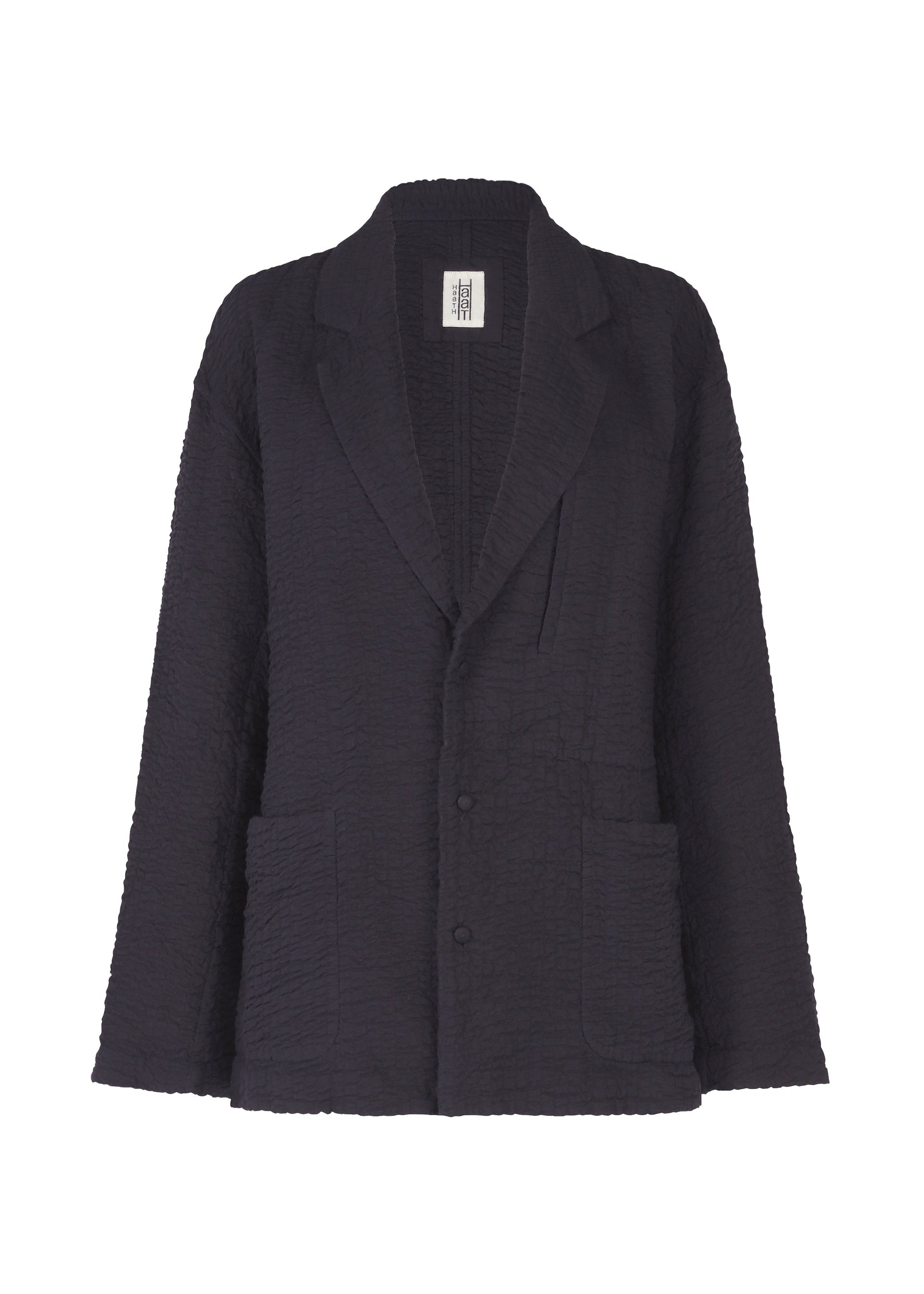 Zoomed view The HaaT 3 MUL MACHINE KABIRA '26SS is a black, textured unisex jacket with a relaxed fit, notched lapels, two front patch pockets, and a single-breasted button closure—classic style meets modern versatility. Shown on a white background. - BLACK （no.15）