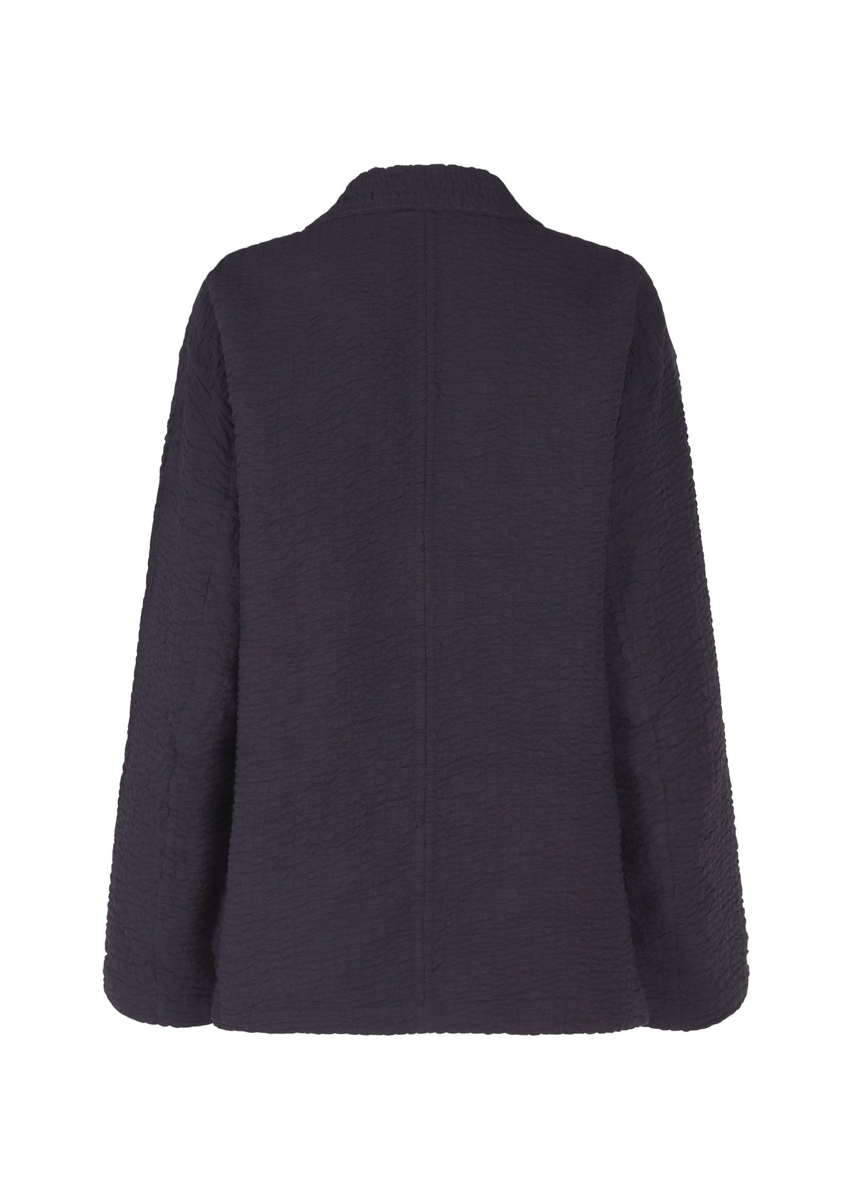 Back view of HaaT’s 3 MUL MACHINE KABIRA '26SS, a unisex long-sleeved jacket with textured black fabric, straight cut, and subtle collar, featuring refined Indian embroidery. Shown against a white background. view 2 of 8