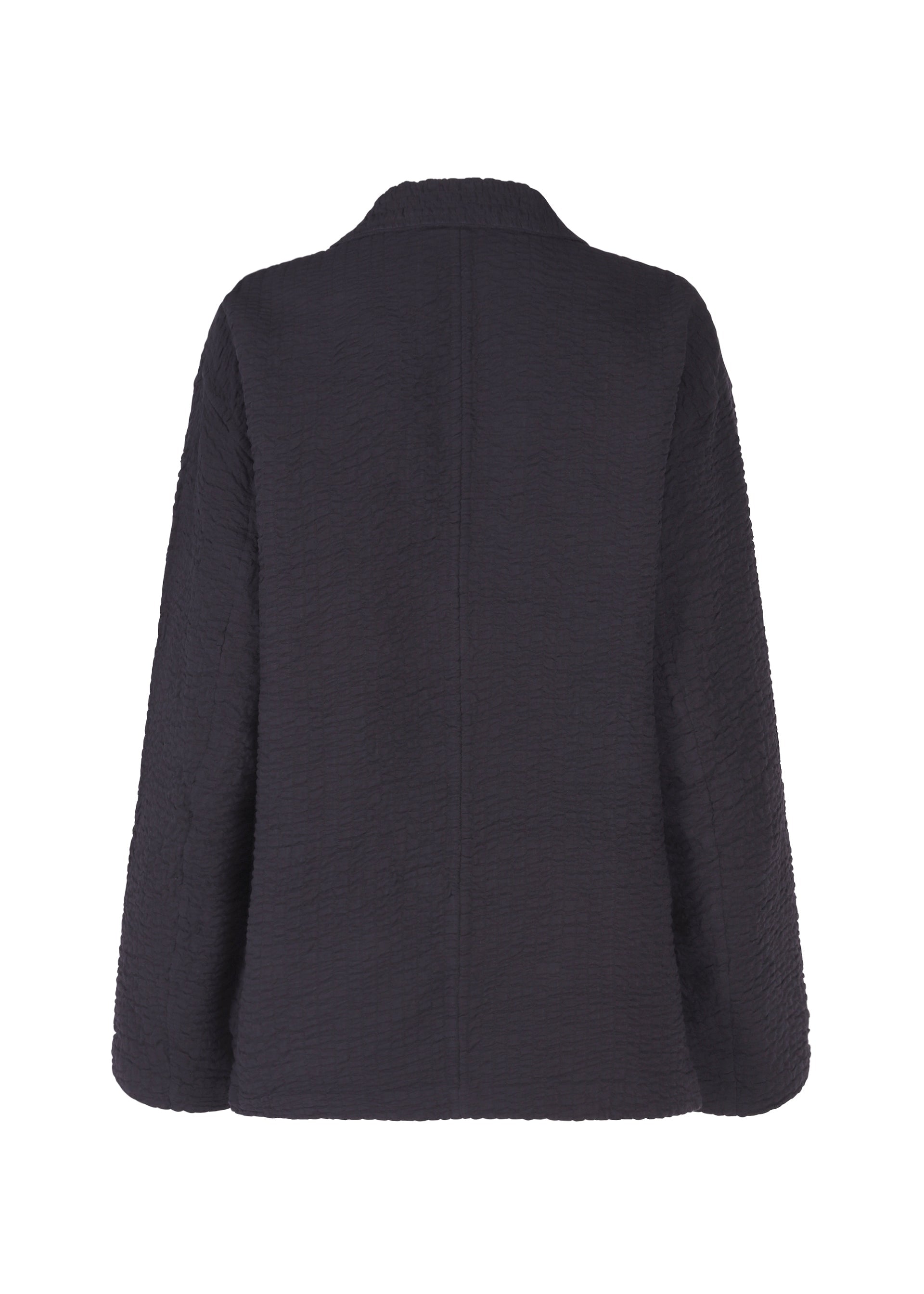 Zoomed view Back view of HaaT’s 3 MUL MACHINE KABIRA '26SS, a unisex long-sleeved jacket with textured black fabric, straight cut, and subtle collar, featuring refined Indian embroidery. Shown against a white background.