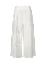 HaaT's DAMI LEAVES are high-waisted, wide-legged white cotton culotte pants with subtle light blue Chikan embroidery, showcased against a plain background. - WHITE （no.01）