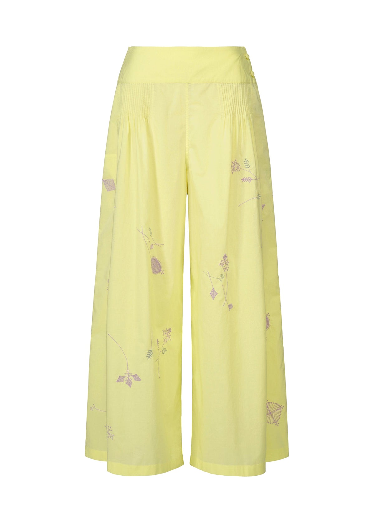 HaaT's DAMI LEAVES are light yellow, high-waisted wide-leg cropped cotton pants featuring subtle floral and leaf Chikan embroidery. The lightweight fabric is ideal for casual or summer wear. view 2 of 9