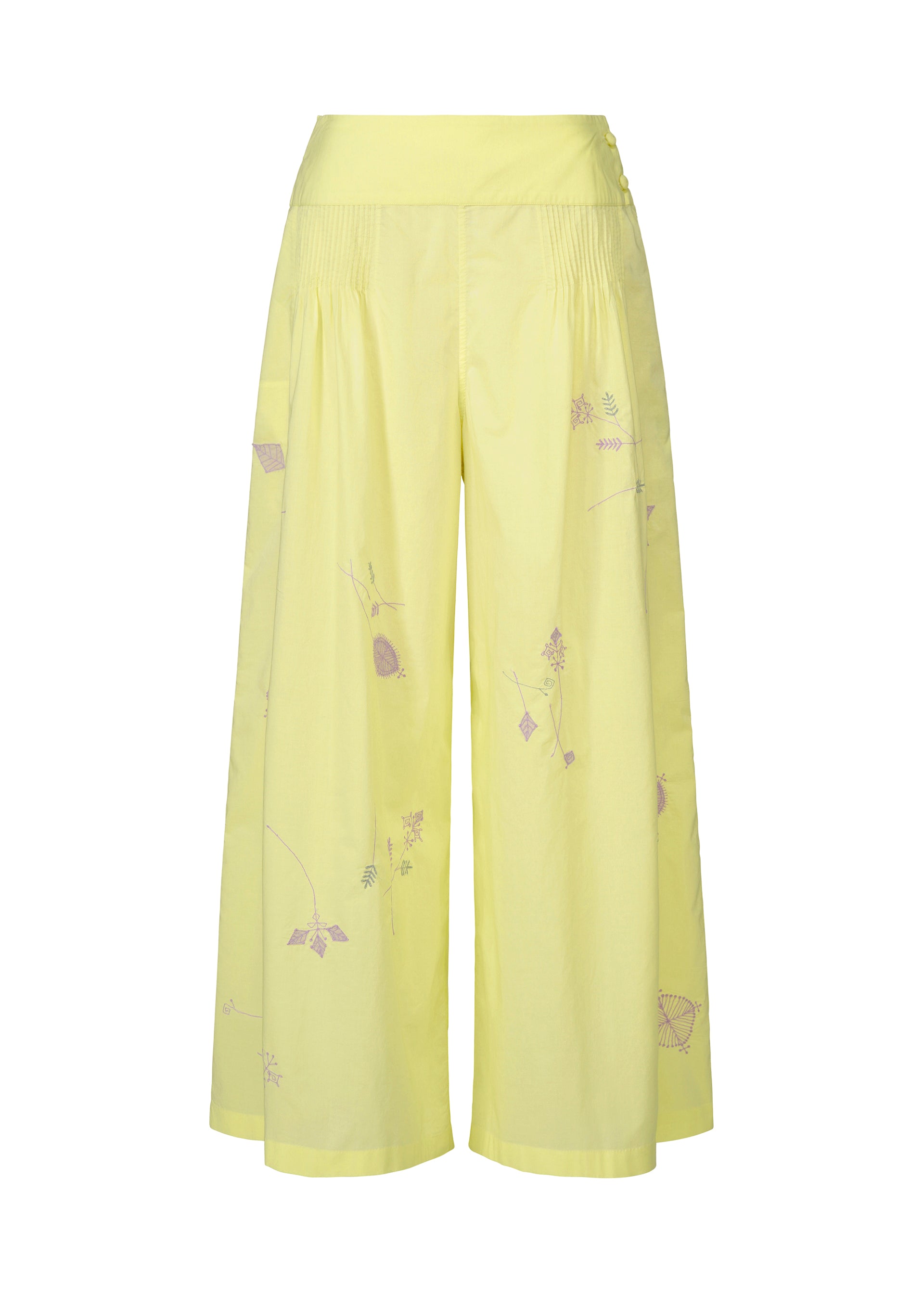 Zoomed view HaaT's DAMI LEAVES are light yellow, high-waisted wide-leg cropped cotton pants featuring subtle floral and leaf Chikan embroidery. The lightweight fabric is ideal for casual or summer wear. - LEMON （no.54）