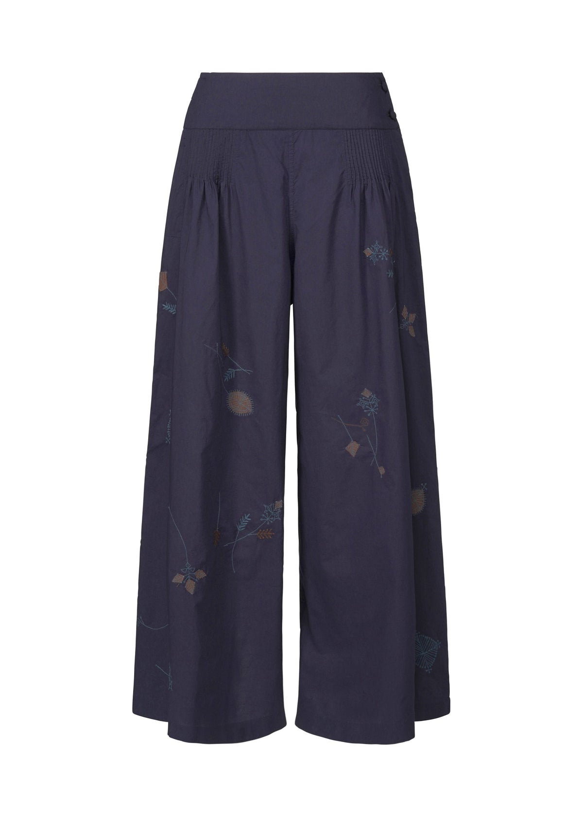 The DAMI LEAVES pants by HaaT are wide-leg, navy blue, cropped cotton trousers with a high waist and subtle handmade Indian embroidery featuring delicate floral motifs along the legs. view 3 of 9
