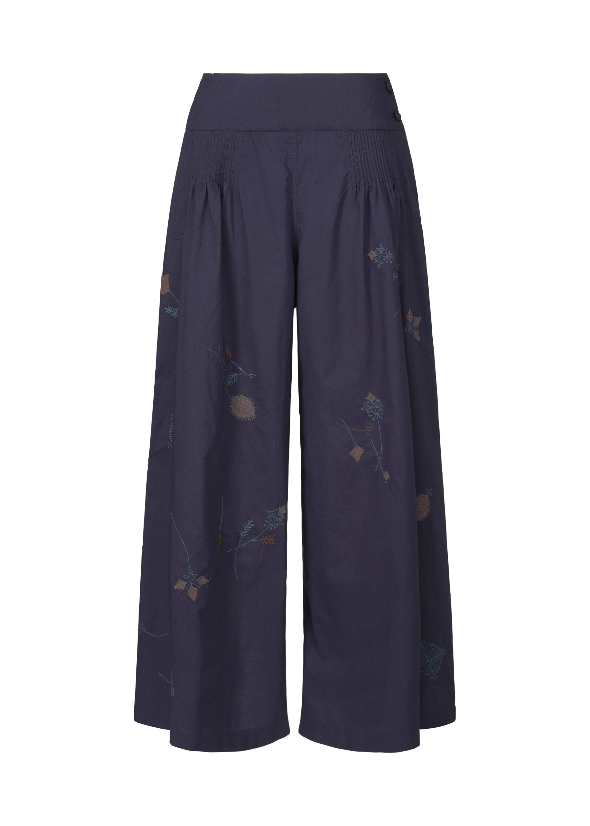 Zoomed view The DAMI LEAVES pants by HaaT are wide-leg, navy blue, cropped cotton trousers with a high waist and subtle handmade Indian embroidery featuring delicate floral motifs along the legs. - INDIGO （no.78）