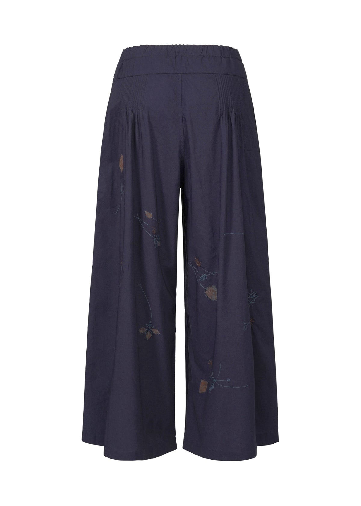 HaaT’s DAMI LEAVES are wide-leg, navy cotton pants featuring a high elastic waist and subtle Indian embroidery. The lightweight, gathered fabric creates a loose, flowy silhouette perfect for any occasion. view 4 of 9