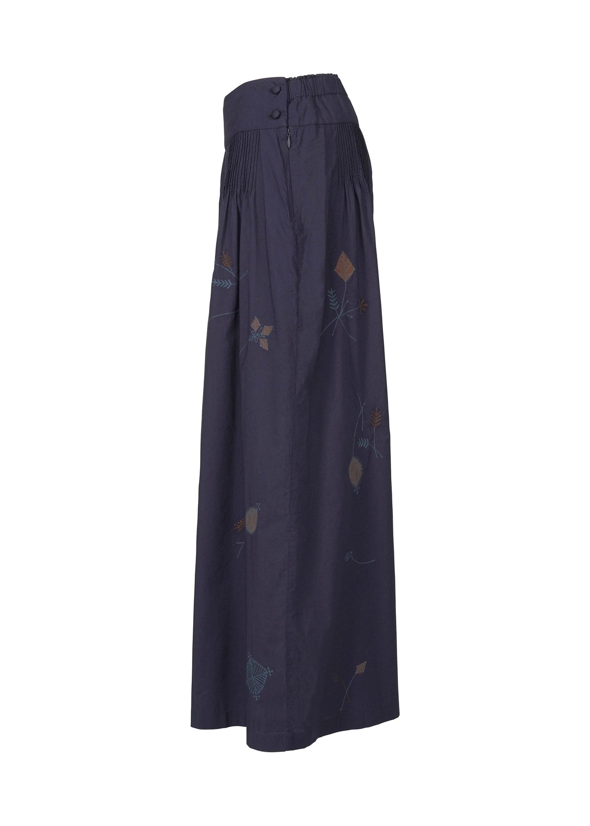 The DAMI LEAVES skirt by HaaT is a navy blue, high-waisted, ankle-length piece with a partially elastic waistband, side buttons, and subtle handmade Indian embroidery in muted tones, shown from the side on a white background. view 5 of 9