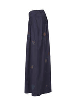 The DAMI LEAVES skirt by HaaT is a navy blue, high-waisted, ankle-length piece with a partially elastic waistband, side buttons, and subtle handmade Indian embroidery in muted tones, shown from the side on a white background.
