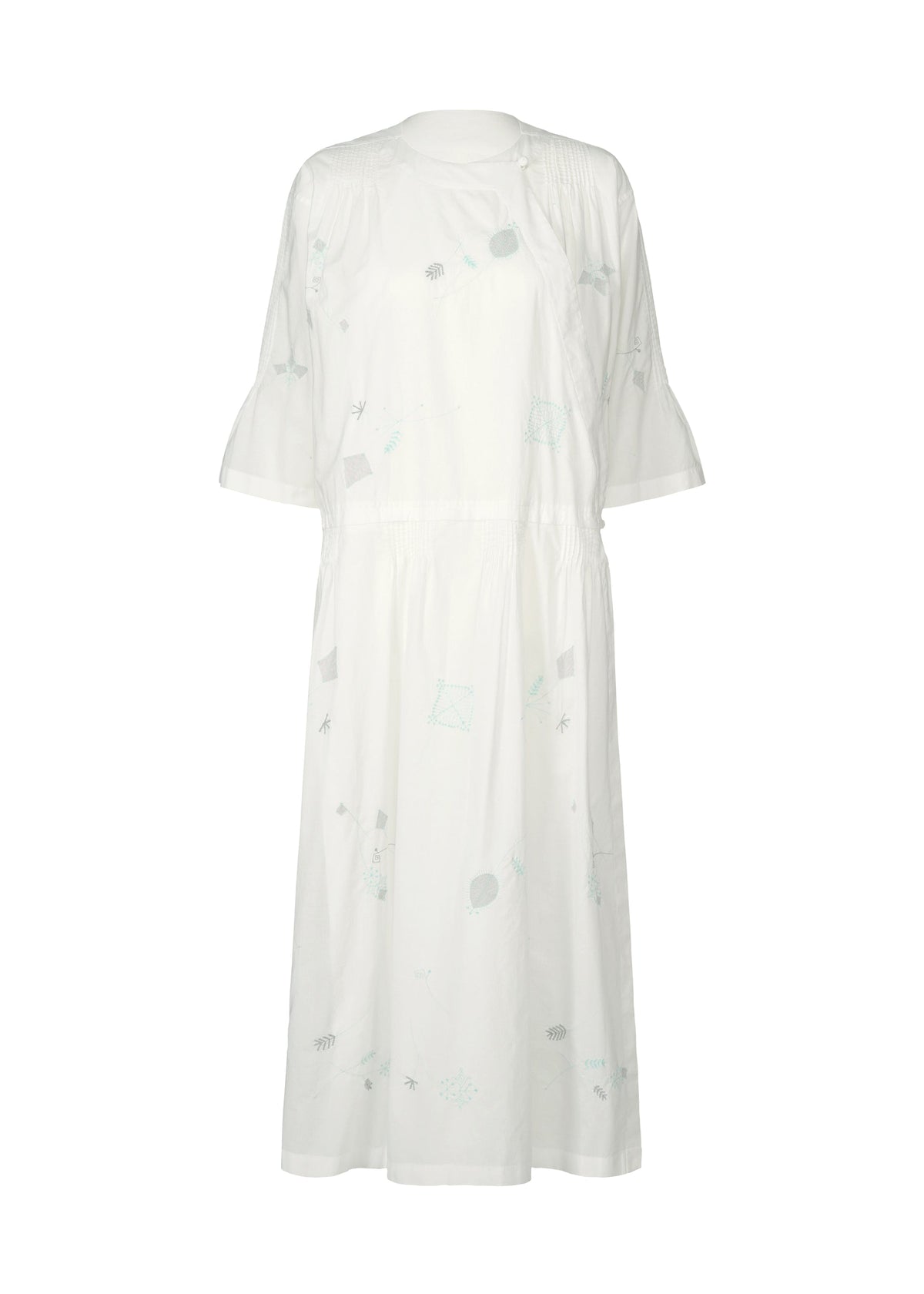 The DAMI LEAVES dress by HaaT is a white, knee-length handmade Indian dress with elbow-length, subtly ruffled sleeves, a round neckline, and light green geometric and abstract patterns in a loose, flowy fit. view 1 of 9