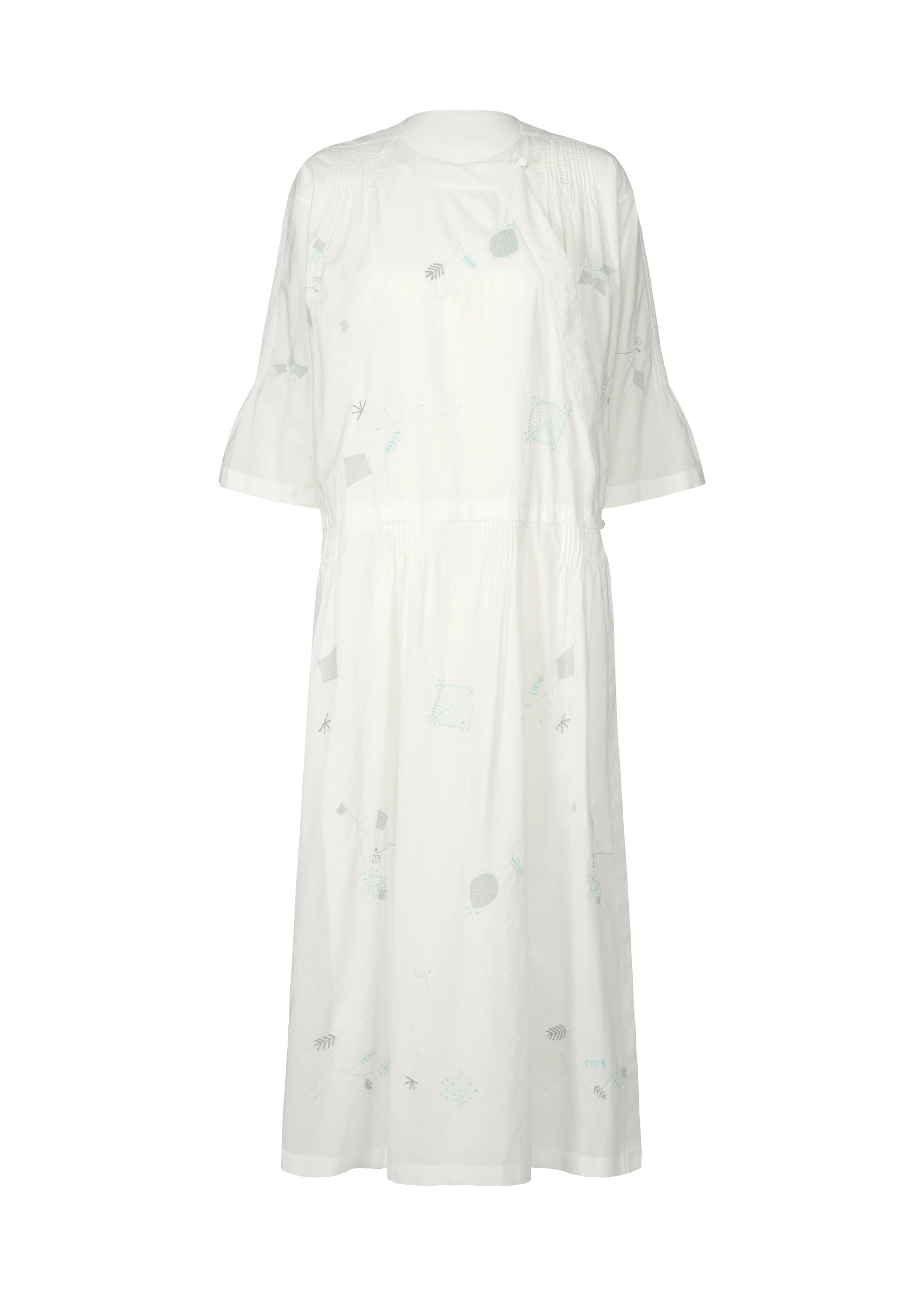 Zoomed view The DAMI LEAVES dress by HaaT is a white, knee-length handmade Indian dress with elbow-length, subtly ruffled sleeves, a round neckline, and light green geometric and abstract patterns in a loose, flowy fit. - WHITE （no.01）