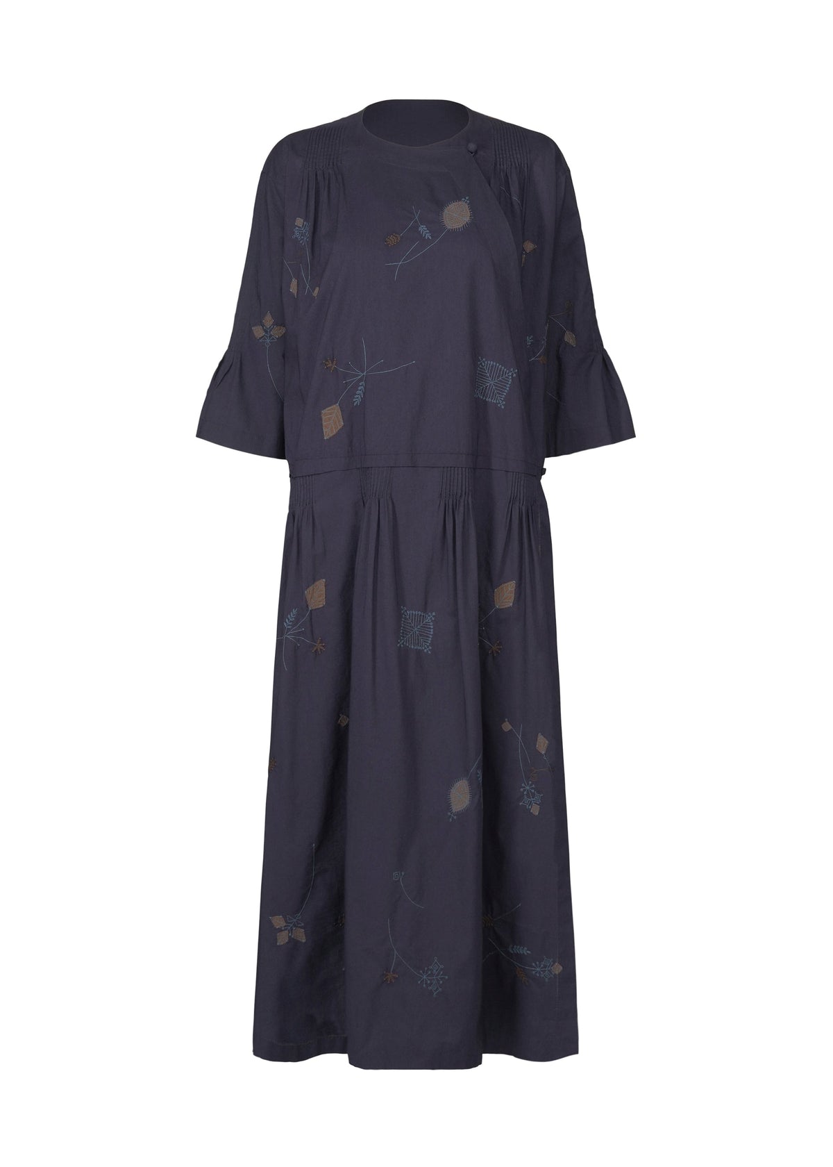 The DAMI LEAVES dress by HaaT is a navy blue, knee-length handmade Indian outfit with half sleeves and subtle Chikan embroidery in muted geometric patterns, showcased against a plain white background. view 3 of 9