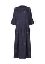 The DAMI LEAVES dress by HaaT is a navy blue, knee-length handmade Indian outfit with half sleeves and subtle Chikan embroidery in muted geometric patterns, showcased against a plain white background. - INDIGO （no.78）